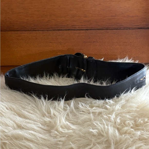 Black Leather/ Leopard Print Fur Wide Belt Made in Spain - Picture 5 of 5